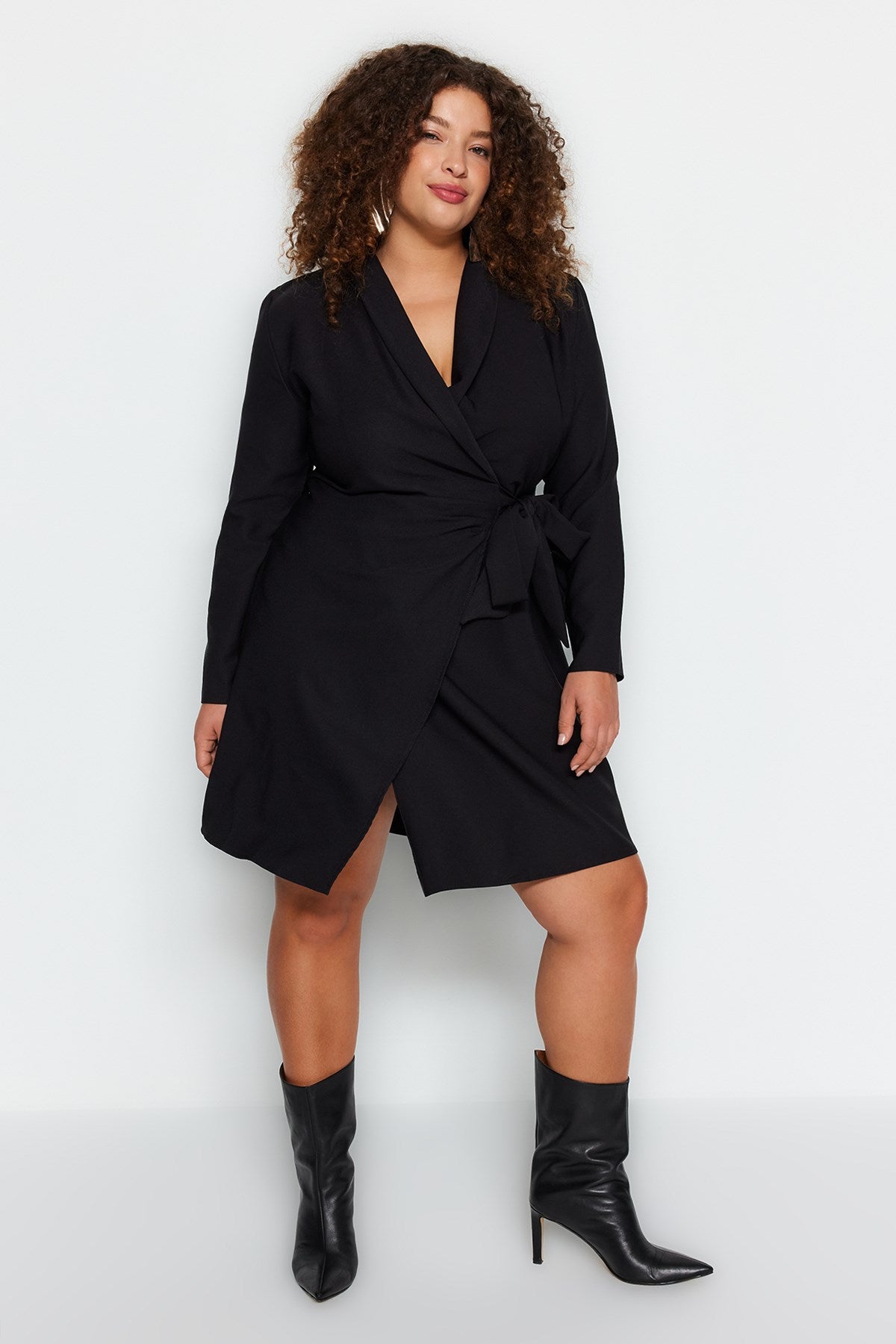 Black Plain Double Breasted Mini Woven Plus Size Dress Tbbaw24ah00058