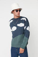 Indigo Mens Oversize Fit Crew Neck Landscape Patterned Knitwear Sweater Tmnaw23kz00040