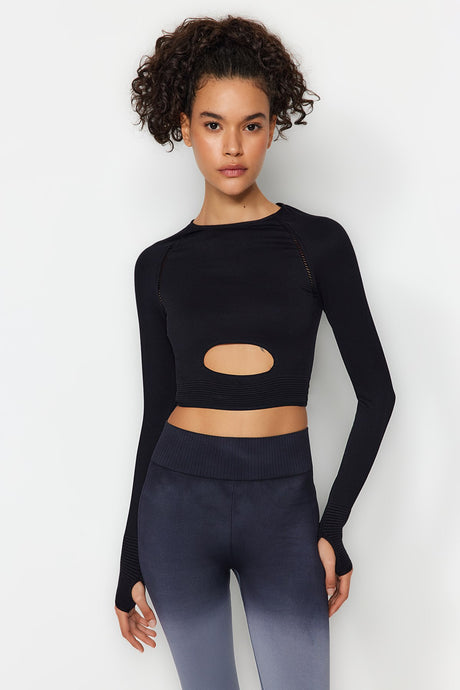 Black Seamless/seamless Crop Thumb Hole And Window/cut Out Detailed Sports Blouse Thmaw24bz00019