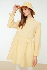 Yellow Stand-up Collar Ruffle Detailed Tunic Tctss22go0108