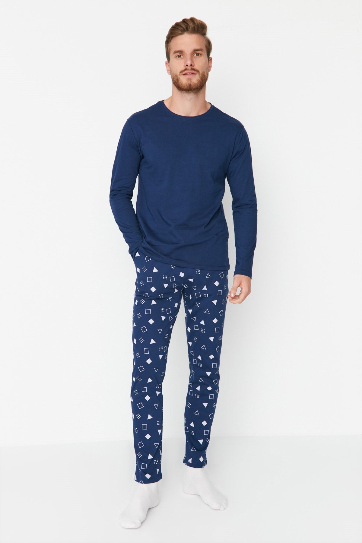 Navy Blue Men's 100% Cotton Regular Fit Printed Knitted Sleepwear Set Tmnaw23pt00029