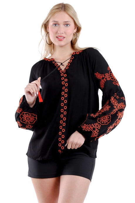 Black Neck Tie Balloon Sleeve Embroidery Woven Blouse M10010200bl93207