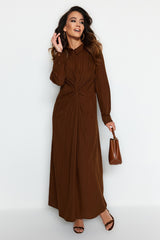 Brown Front Knot And Zipper Detailed Woven Dress Tctss23eb00137