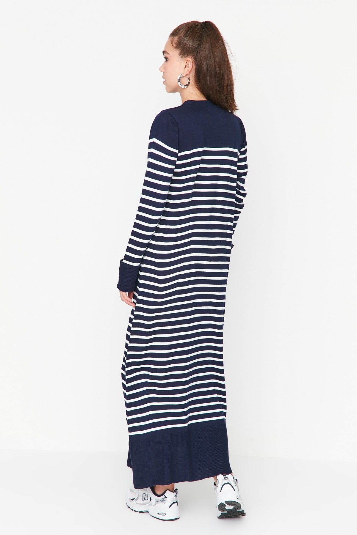 Navy Blue Striped Blouse Collar Knitwear Dress Tctaw23eb00012