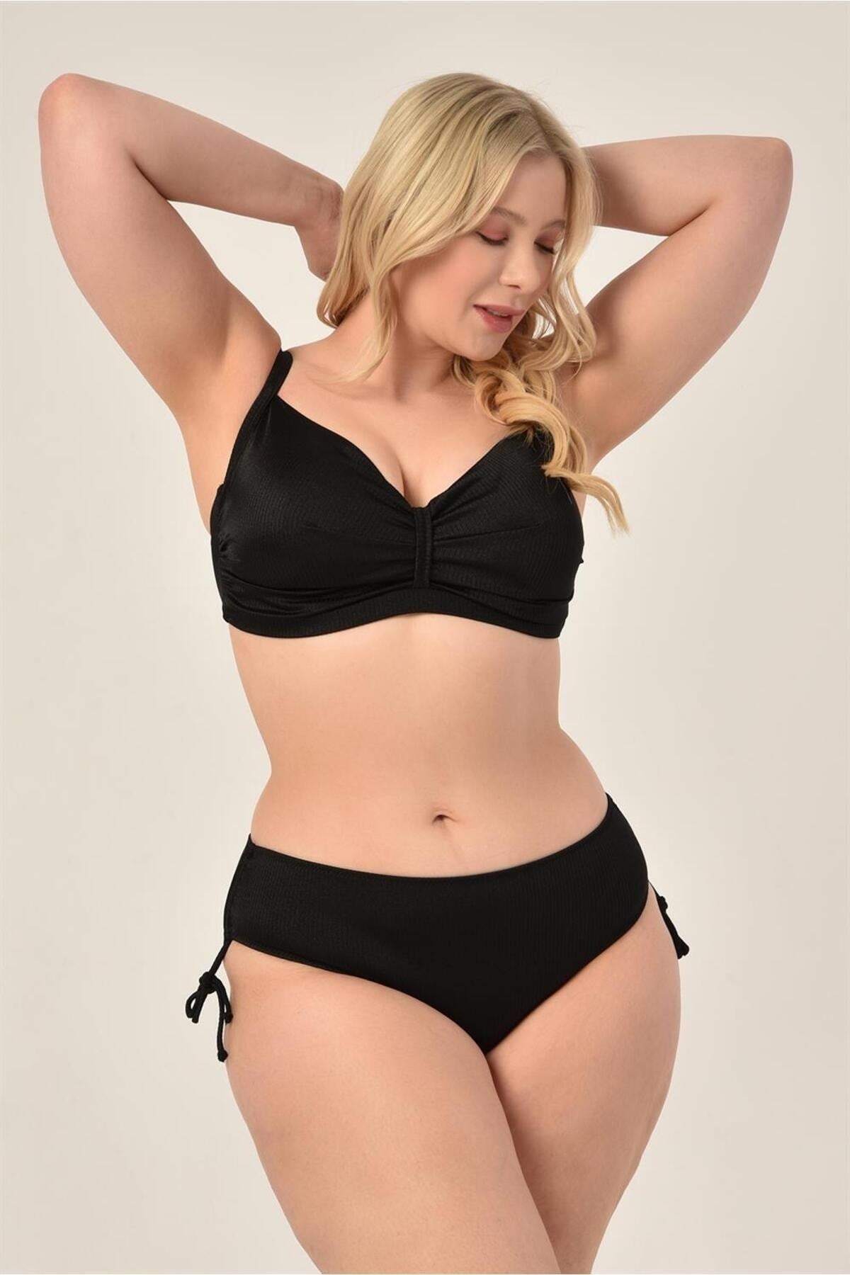 Women's Black Ribbed Plus Size Side Sliding Adjustment Strap Booster Bikini Set 20232009