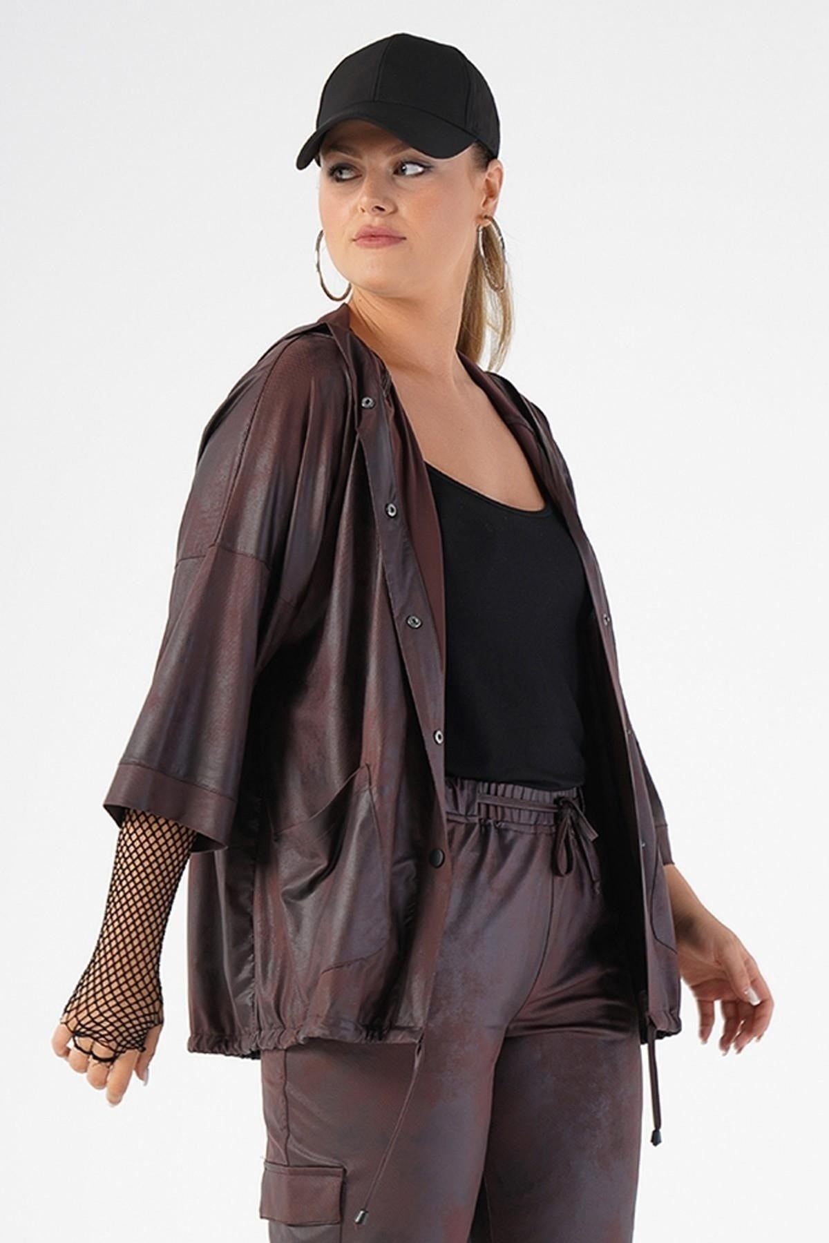 Plus Size Hooded Leather Burgundy Jacket 220650093