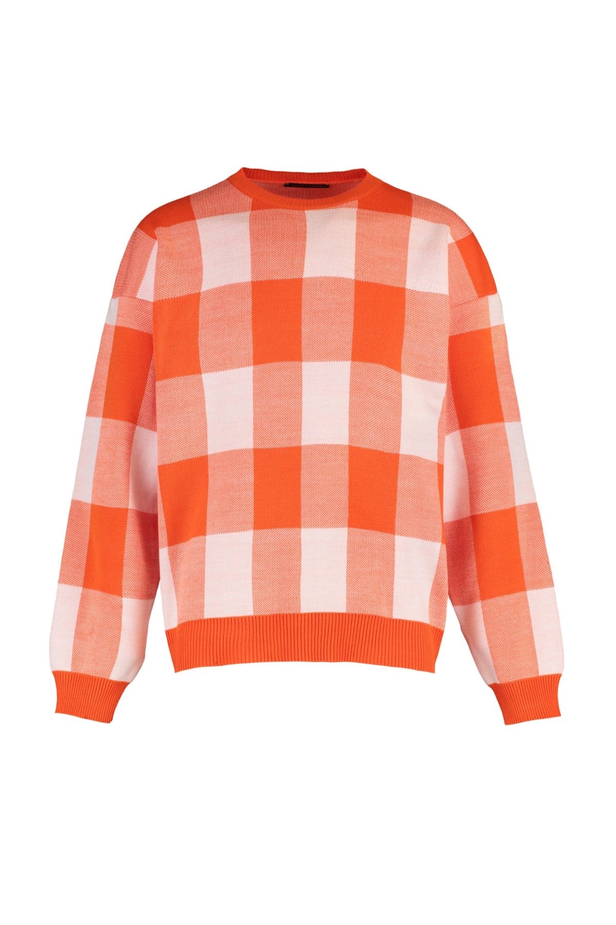 Orange Mens Oversize Fit Wide Pattern Crew Neck Plaid Pattern Knitwear Sweater Tmnaw23kz00045