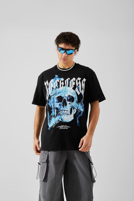 Reckless Skull Printed Black Oversize T-shirt Tycy57m35n170548446039721