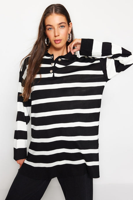 Black White Polo Neck Striped Knitwear Sweater Tctaw24ak00045