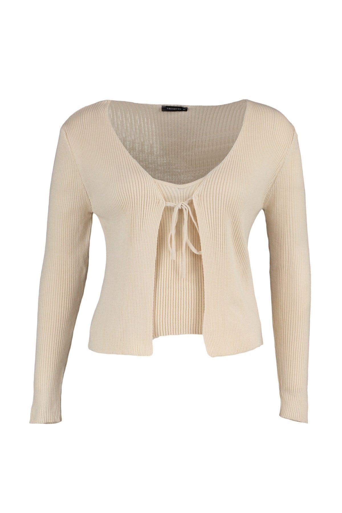 Beige V Neck Drawstring Detailed Slim Knitwear Cardigans&tank Suit Tbbaw23av00047