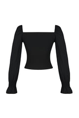 Black Ribbed Poplin Detailed Heart Neckline Fitted/body Fitting Flexible Knit Blouse Twoaw24bz00356