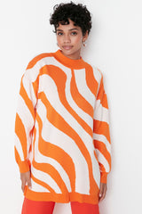 Ecru Orange Animal Line Pattern Half Turtleneck Knitwear Sweater Tctaw23kz00023