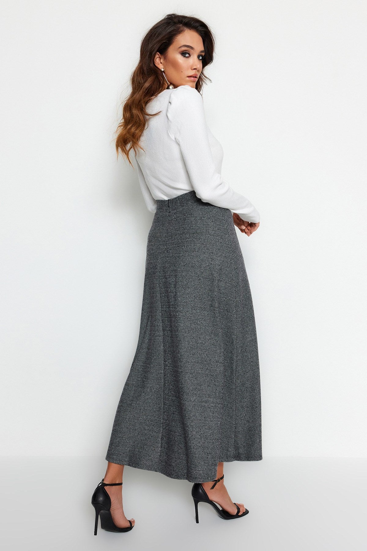 Grey High Waist Button Closure A-line Knitted Skirt Tctaw23ee00052