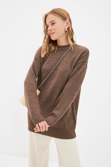 Brown Straight Collar Knitwear Sweater Tctaw22ak0045