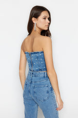 Limited Edition Blue Pearl Detailed Denim Bustier Twoss23bs00018