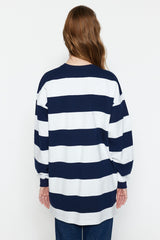 Navy Blue Striped Printed Knitted Tunic Tctss23uk00041