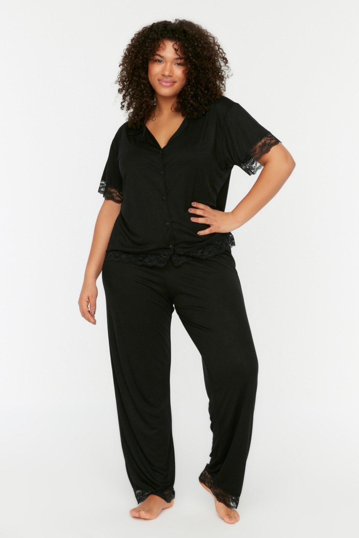 Black Knitted Lace Pajama Set Tbbss22pt0623