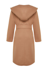 Camel Oversize Wide Cut Standard Size Hooded Belted Long Cashmere Coat Twoaw24kb00017