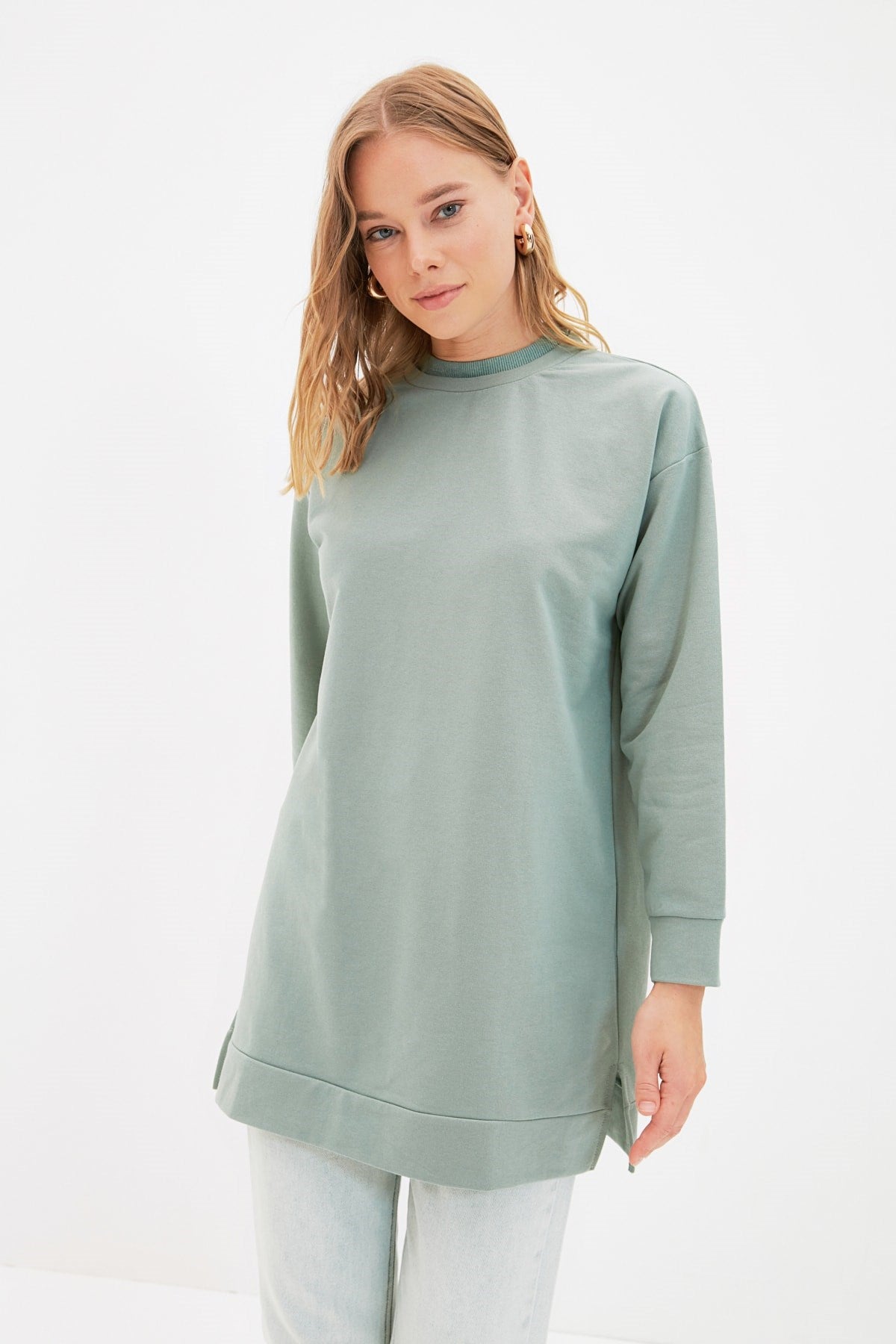 Mint Solid Collar Slit Detailed Basic Knitted Sweatshirt Tctaw22tw0196