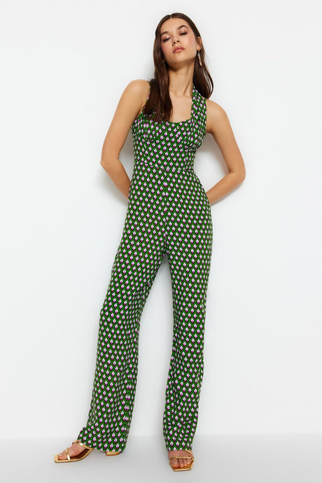 Green Maxi Woven Geometric Pattern Jumpsuit Twoss23tu00071