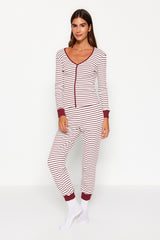 Burgundy Striped Camisole Knitted Pajama Set Thmaw24pt00141