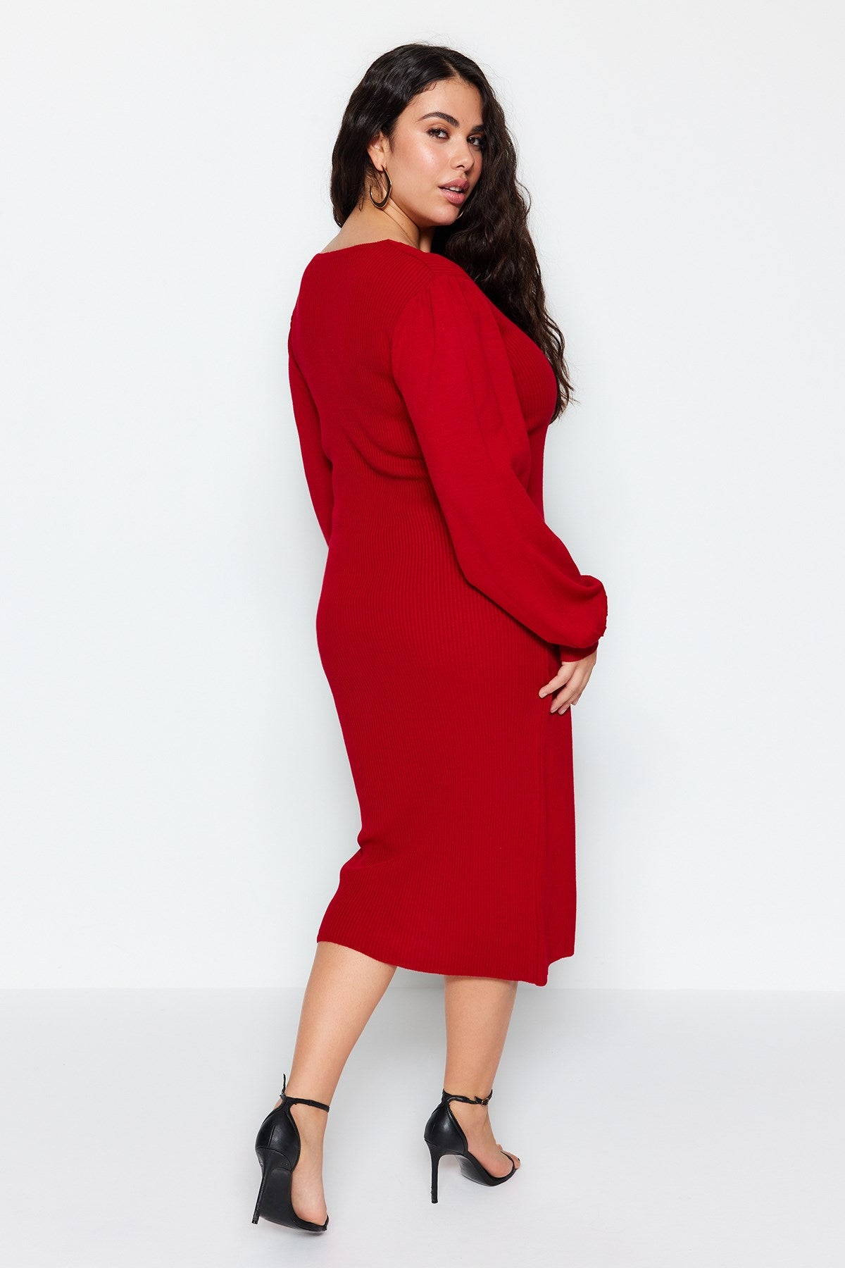 Red Plain Bodycone Midi Knitwear Plus Size Dress Tbbaw23ah00032