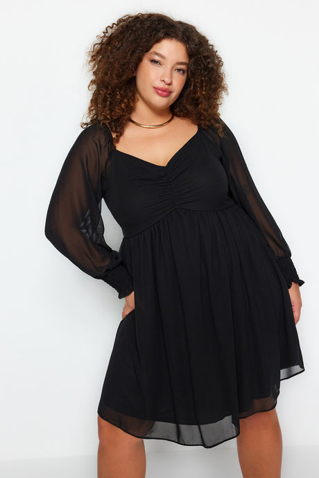 Black Plain A-line Mini Woven Plus Size Dress Tbbaw24ah00076