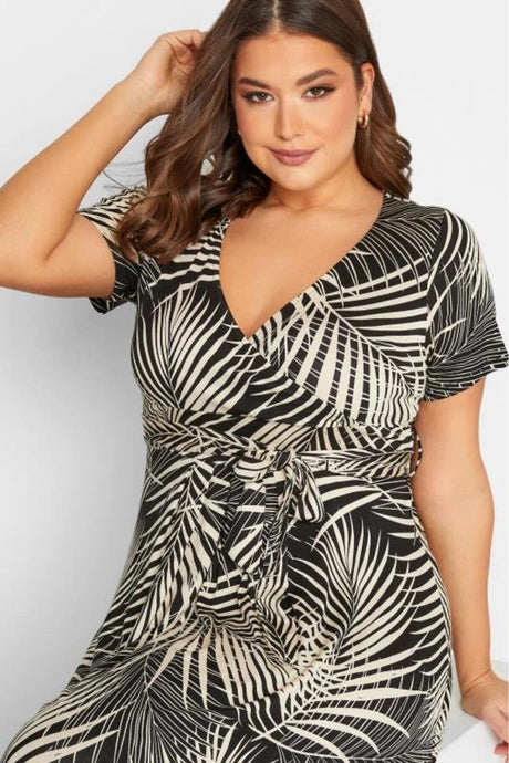 Plus Size Palm Print Belted Dress 6016-e