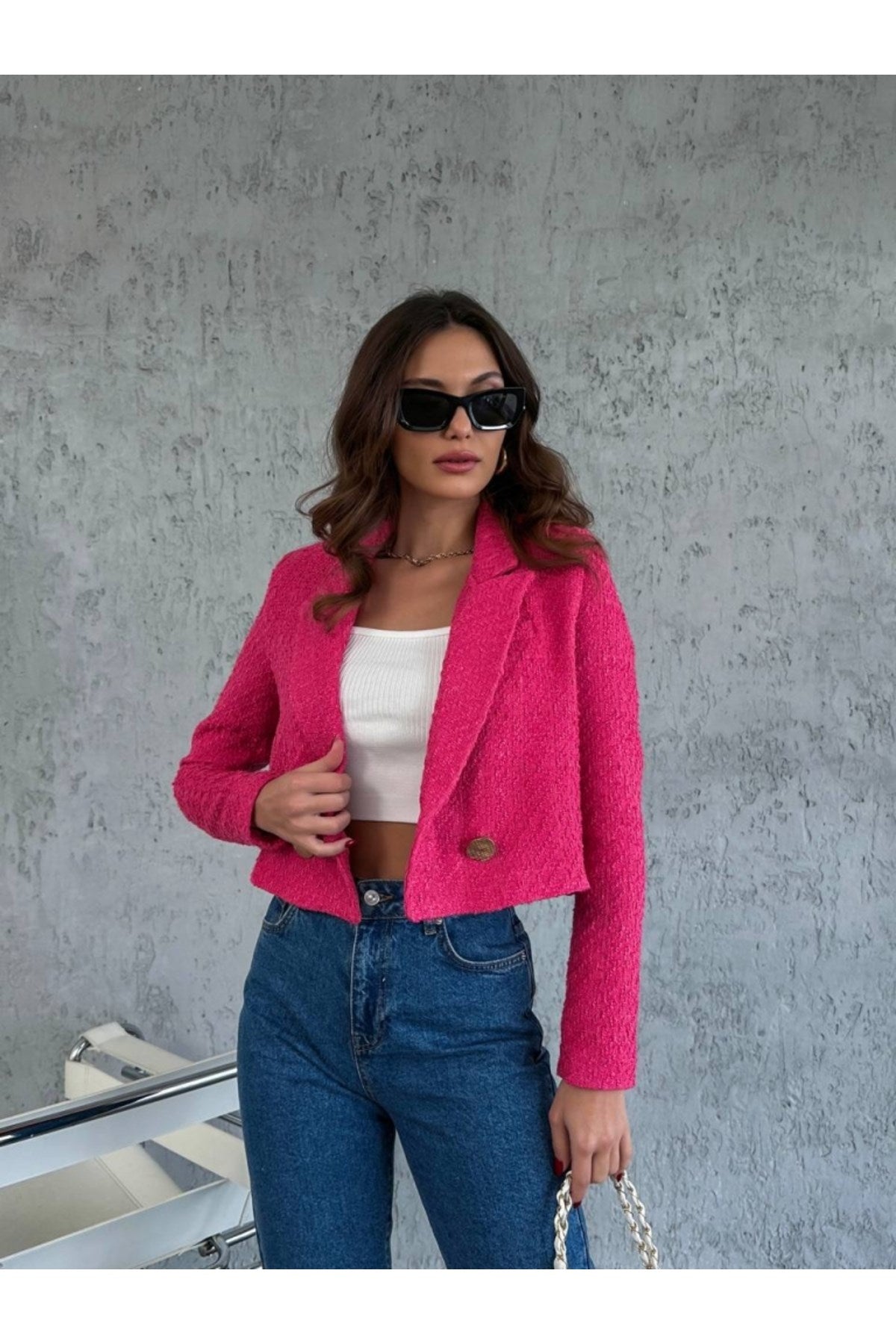 Fuchsia Gold Double Button Crop Tweed Jacket 9163