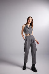 High Waist Striped Cargo Pocket Rent Pants Grey Hlfw24-00025