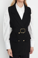 Black Waist Belted Jacket Collar Woven Vest Tctaw23yl00014