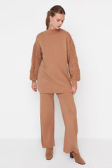 Beige Sleeves Openwork Knitted Sweatshirt-pants Knitwear Suit Tctaw23us00087