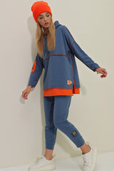 Women's Indigo Floor Hooded Sweatshirt And Tracksuit Two-piece Suit Alc-x7144