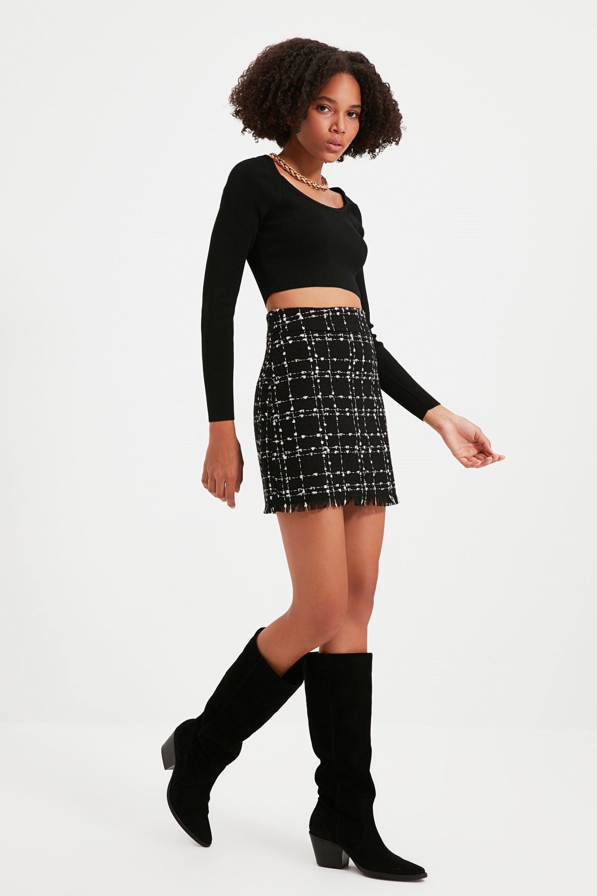 Black Tweed Fabric Mini Woven Skirt Twoaw21et0026