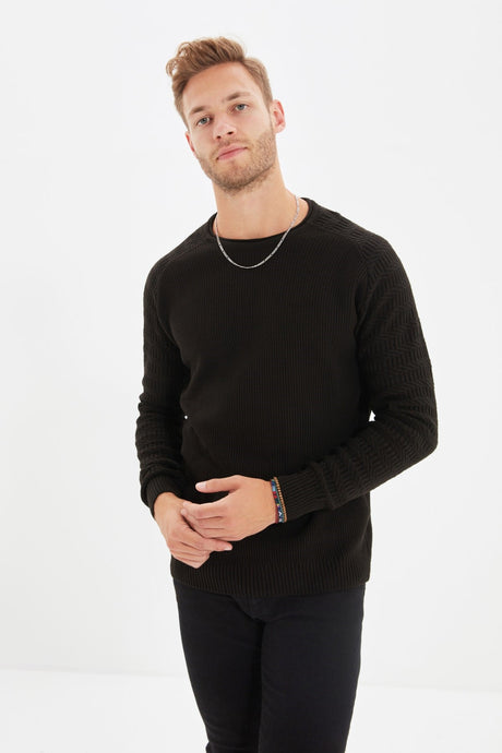 Black Men's Slim Fit Crew Neck Sleeve Textured Patterned Raglan Sleeve Knitwear Sweater Tmnaw22kz038