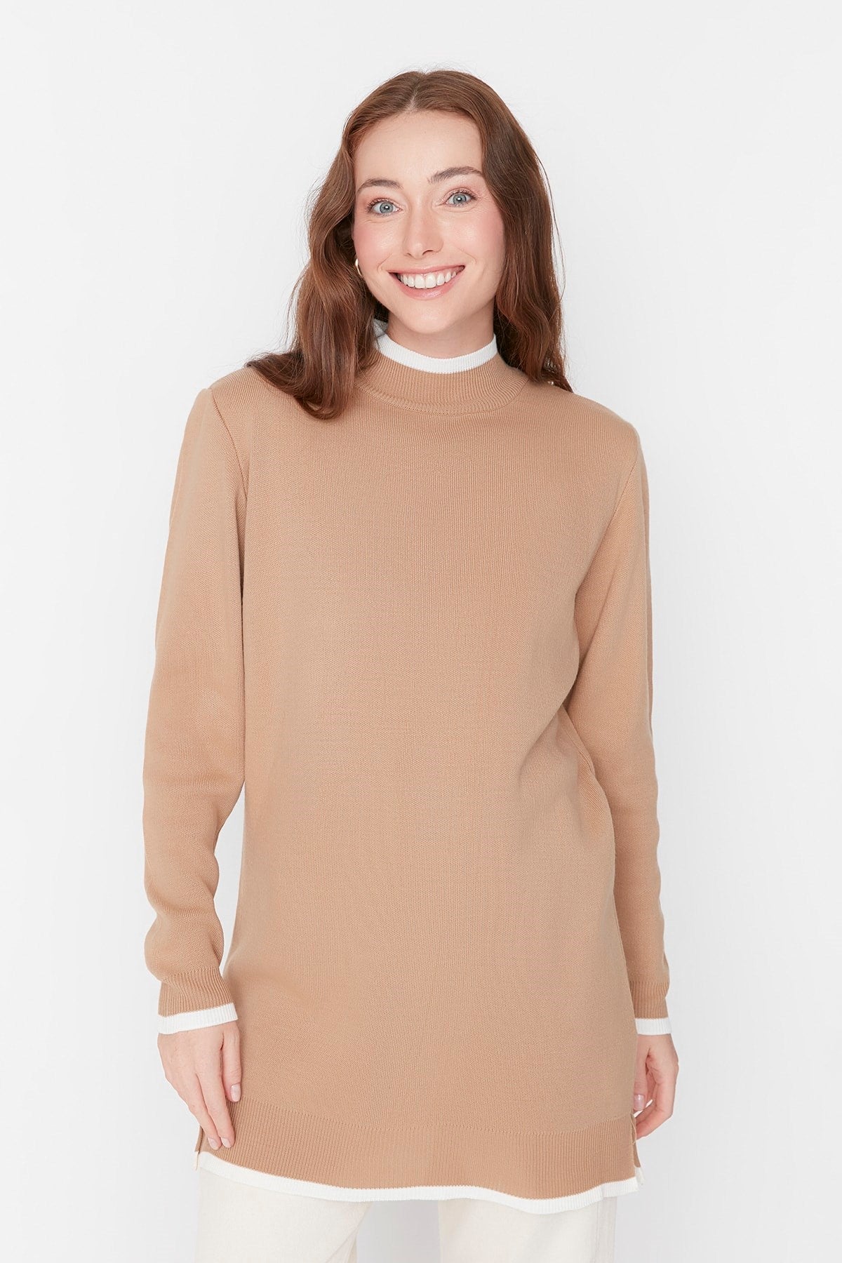 Beige Round Neck Cuff Detailed Knitwear Sweater Tctaw23kz00087