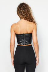 Black Faux Leather Strapless Back Zipper Crop Bustier Twoaw24bs00003