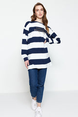 Navy Blue Striped Printed Knitted Tunic Tctss23uk00041