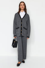 Anthracite Color Block Gold Button Pocketed Cardigan-pants Knitwear Bottom Top Suit Tctaw24us00107