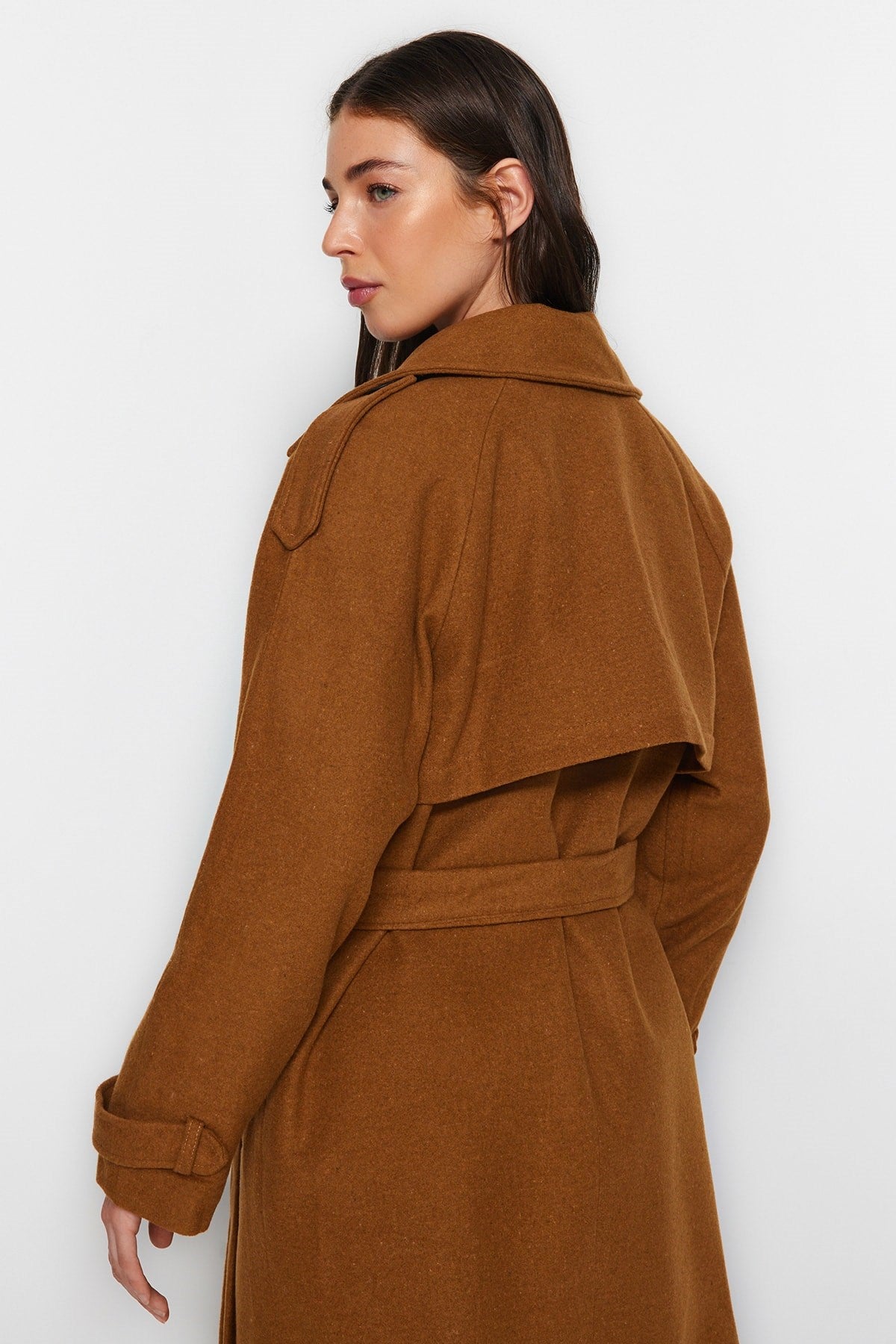 Camel Belted Lined Long Cashmere Coat Tctaw24ab00003