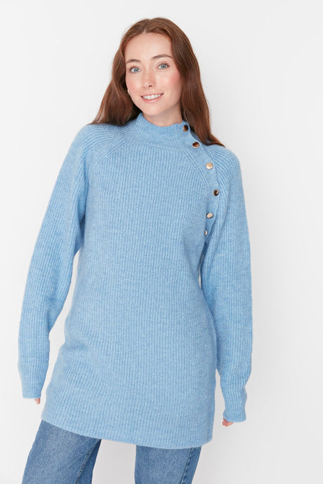 Light Blue Solid Collar Buttoned Knitwear Sweater Tctaw23ak00011