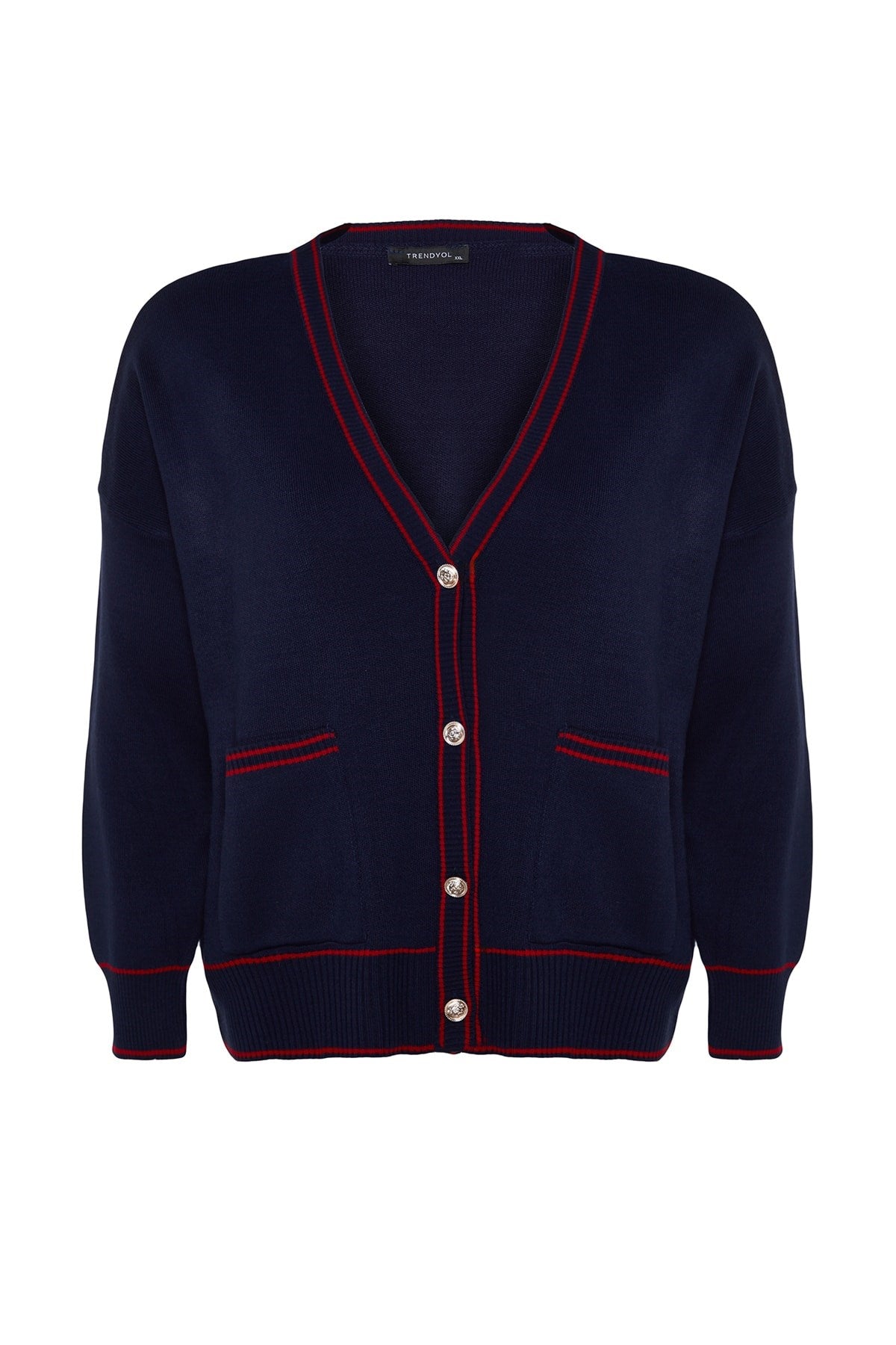 Navy-red Line Detailed Knitwear Cardigan Tbbaw24av00012