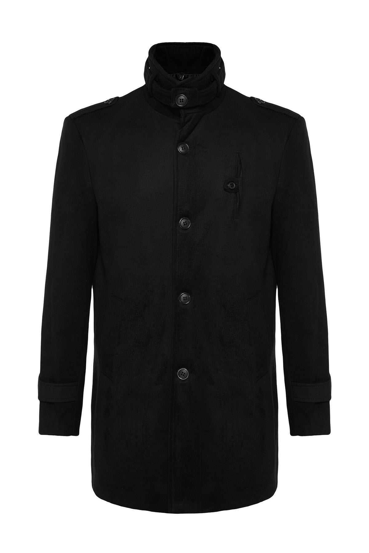 Black Mens Slim Fit Slim Fit Solid Collar Cache Coat Tmnaw24kb00006