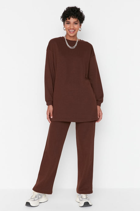 Brown Crew Neck Basic Knitted Tracksuit Tctaw23en00003