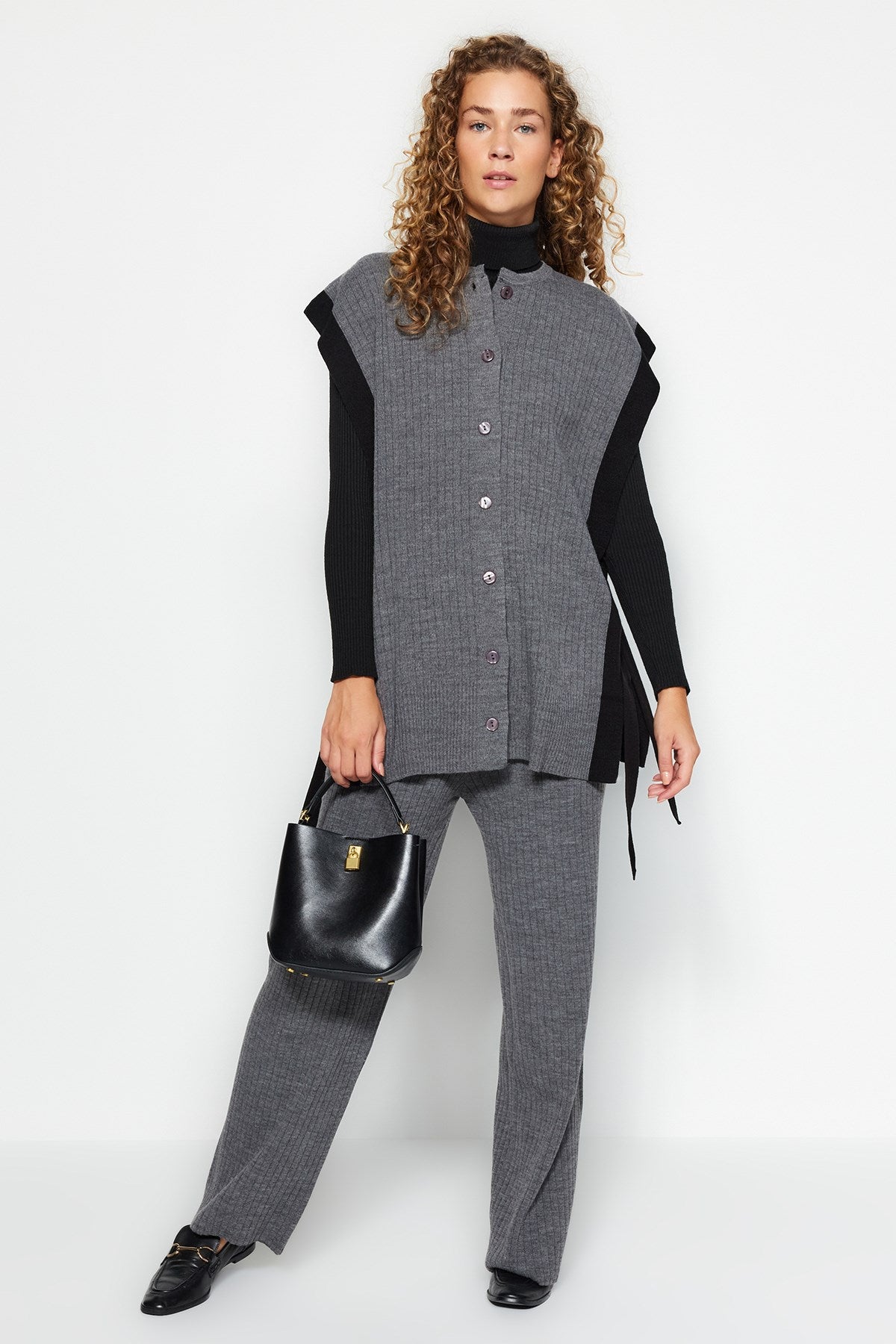 Anthracite Color Block Slit Detailed Vest-pants Knitwear Bottom-top Suit Tctaw24us00087