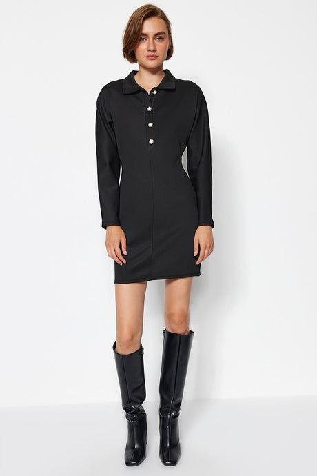 Black Buttoned Polo Neck Body-fitting Mini Knit Dress Twoaw24el00190