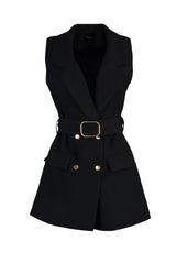 Black Waist Belted Jacket Collar Woven Vest Tctaw23yl00014