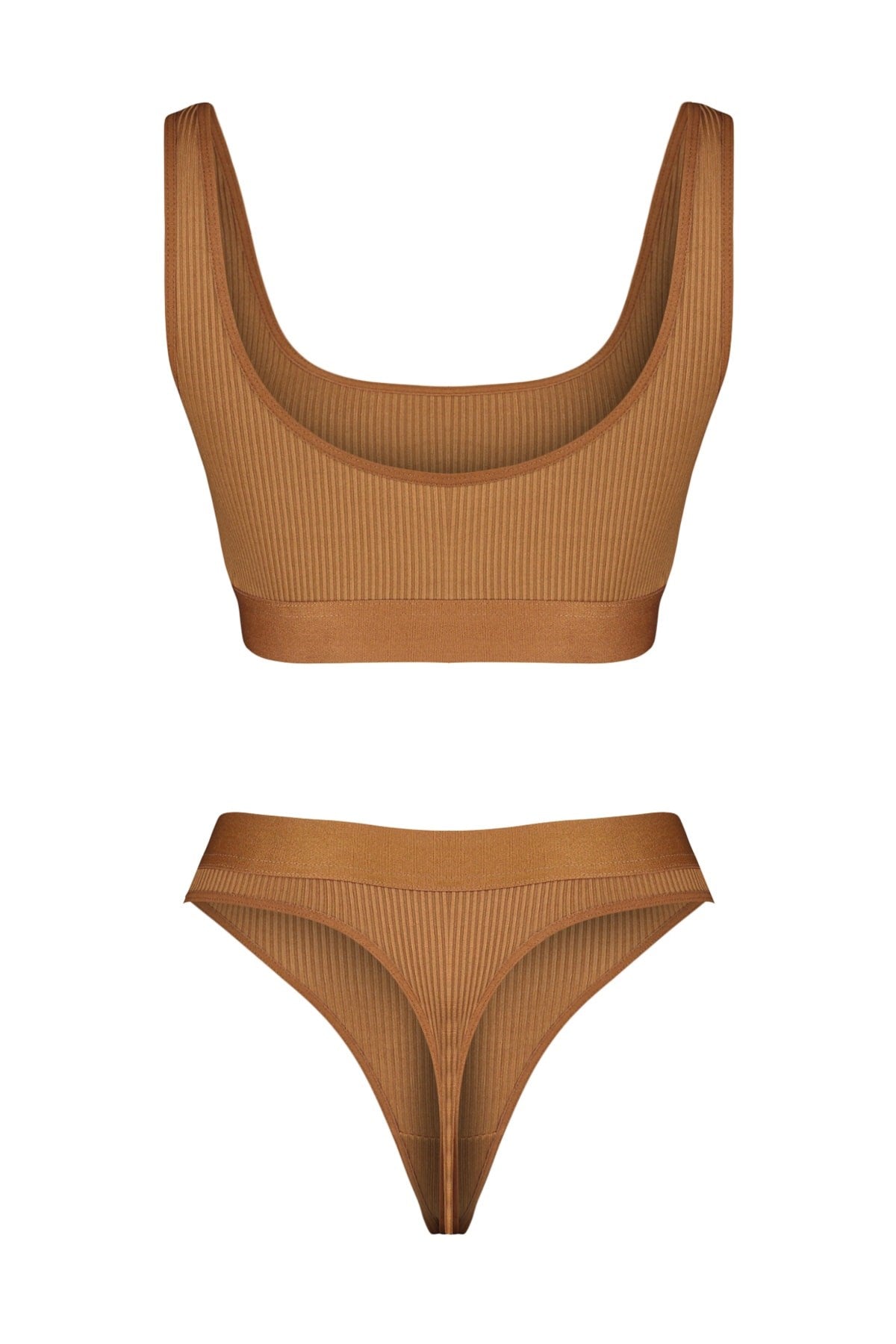 Brown Ribbed Elastic Window/cut Out Detailed Underwear Set Thmss23cc00110