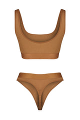 Brown Ribbed Elastic Window/cut Out Detailed Underwear Set Thmss23cc00110