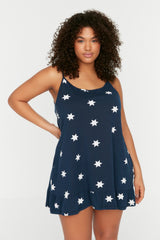 Navy Blue Strappy Printed Knitted Nightgown Tbbss22gc0049